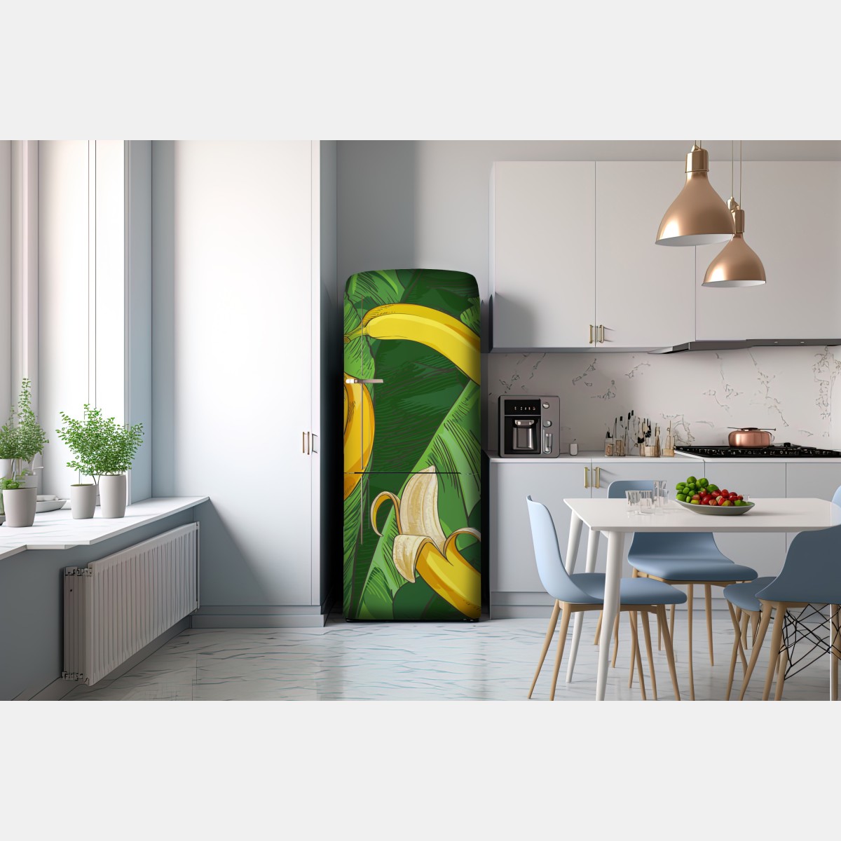 Naklejka na lodówkę tropikalny wzór bananów z liśćmi – Wallissimo® Naklejka na lodówkę tropikalny wzór bananów z liśćmi – Wallissimo®