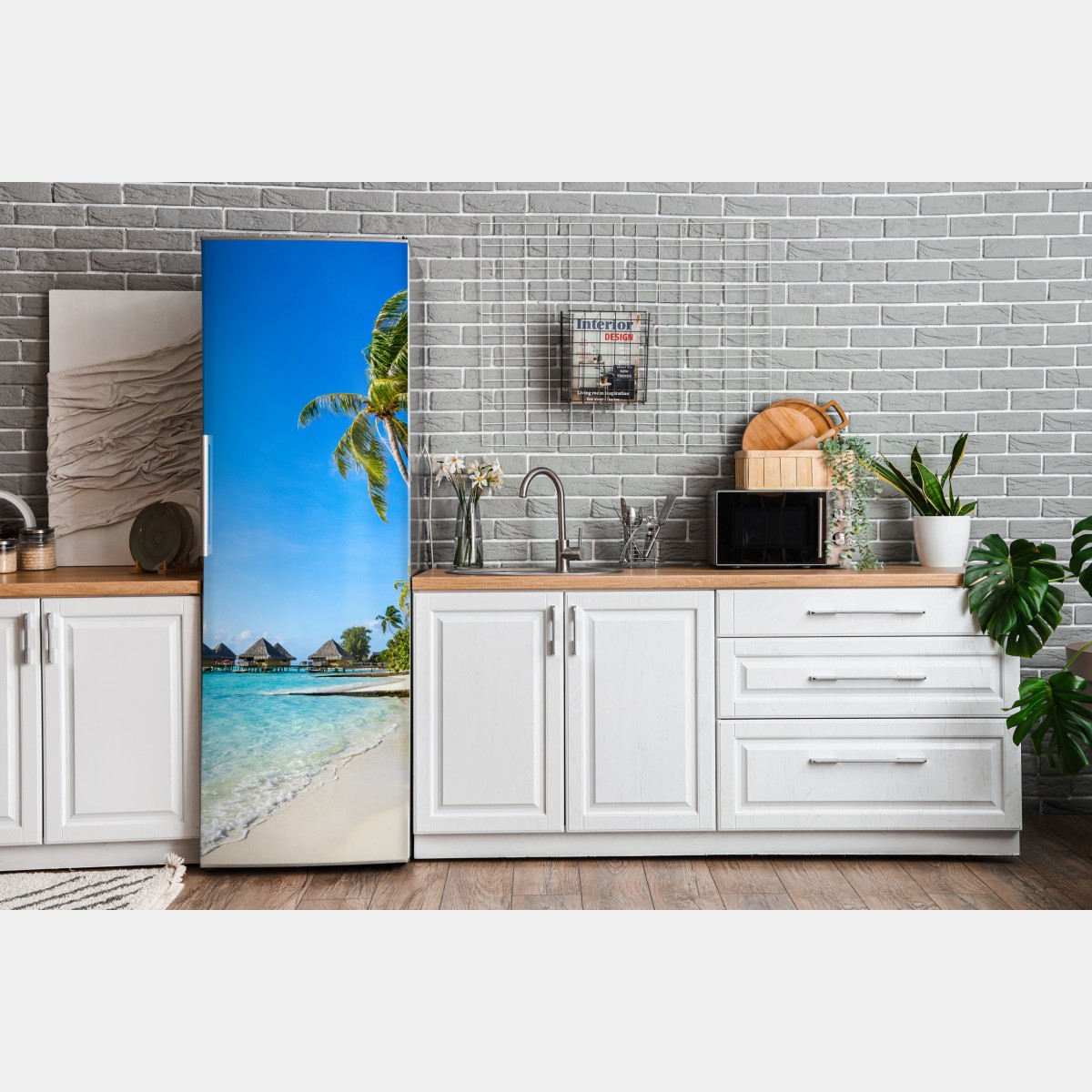 Naklejka na lodówkę tropikalna turkusowa plaża z palmami – Wallissimo® Naklejka na lodówkę tropikalna turkusowa plaża z palmami – Wallissimo®