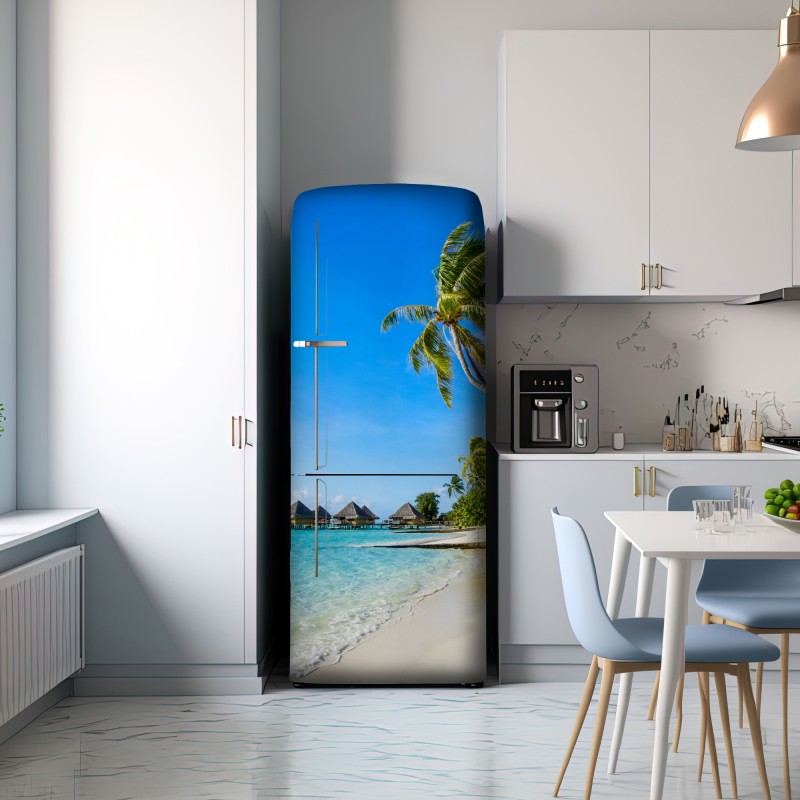 Naklejka na lodówkę tropikalna turkusowa plaża z palmami – Wallissimo® Naklejka na lodówkę tropikalna turkusowa plaża z palmami – Wallissimo®