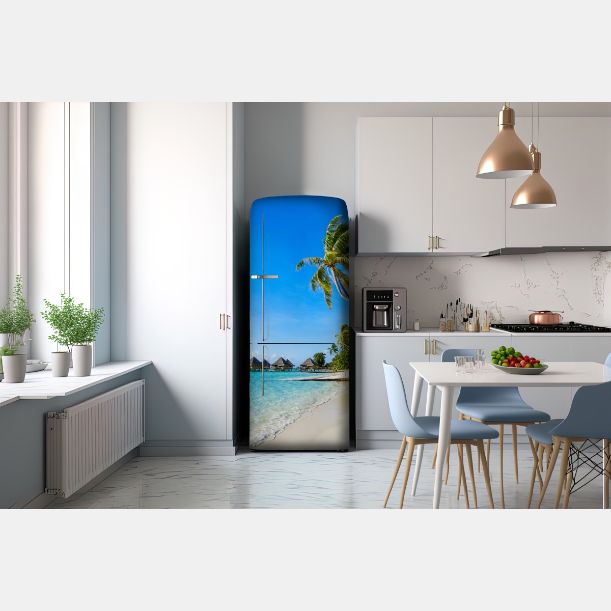 Naklejka na lodówkę tropikalna turkusowa plaża z palmami – Wallissimo® Naklejka na lodówkę tropikalna turkusowa plaża z palmami – Wallissimo®