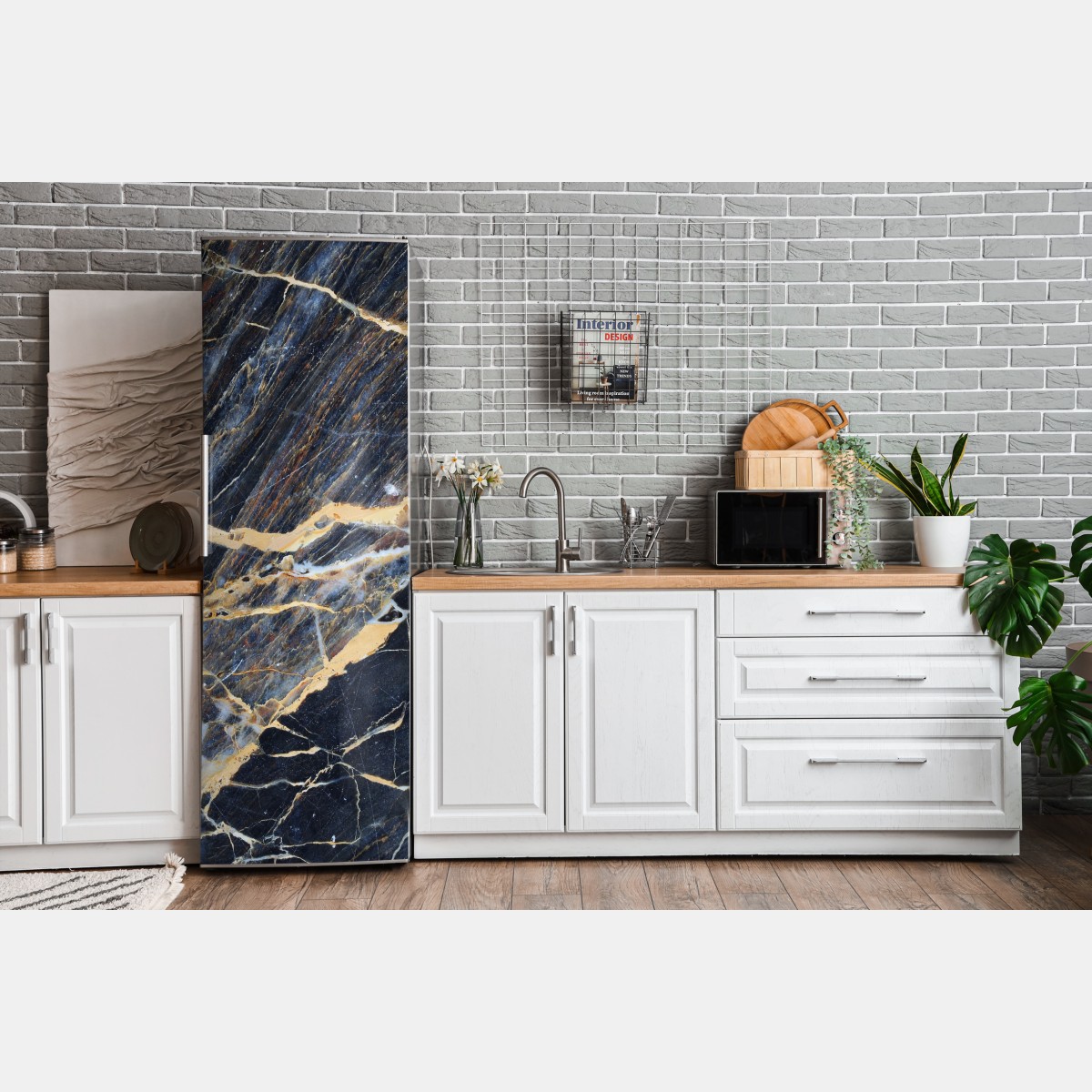 Naklejka na lodówkę ciemny marmur ze złotymi i kremowymi żyłami – Wallissimo® Naklejka na lodówkę ciemny marmur ze złotymi i kremowymi żyłami – Wallissimo®