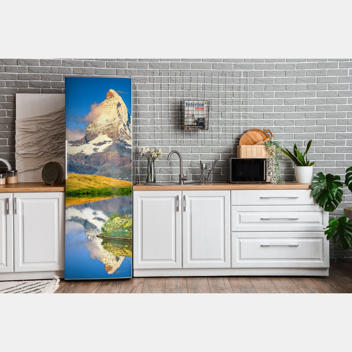 Naklejka na lodówkę majestatyczny Matterhorn odbity w alpejskim jeziorze – Wallissimo® Naklejka na lodówkę majestatyczny Matterhorn odbity w alpejskim jeziorze – Wallissimo®