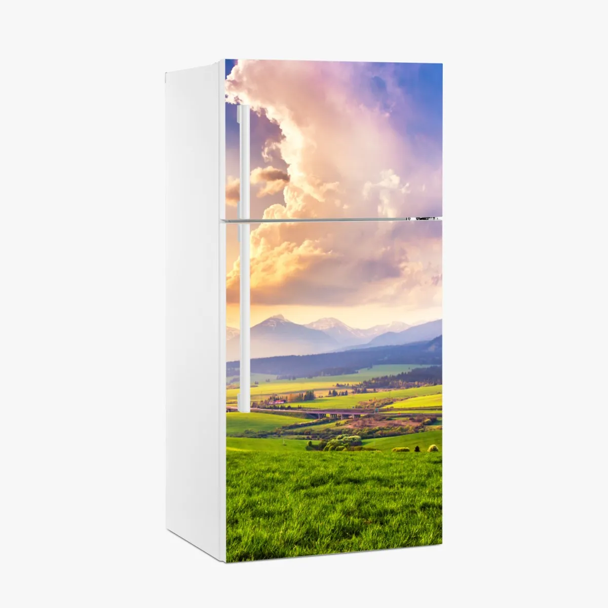 Naklejka na lodówkę panorama wiosennej doliny górskiej, Tatry Słowacja – Wallissimo® Naklejka na lodówkę panorama wiosennej doliny górskiej, Tatry Słowacja – Wallissimo®