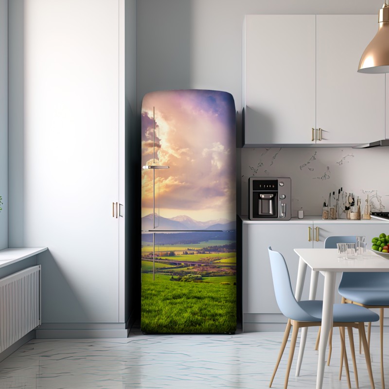 Naklejka na lodówkę panorama wiosennej doliny górskiej, Tatry Słowacja – Wallissimo® Naklejka na lodówkę panorama wiosennej doliny górskiej, Tatry Słowacja – Wallissimo®