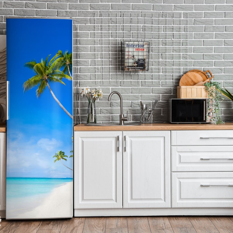 Naklejka na lodówkę różowy tropikalny zachód słońca z palmami – Wallissimo®