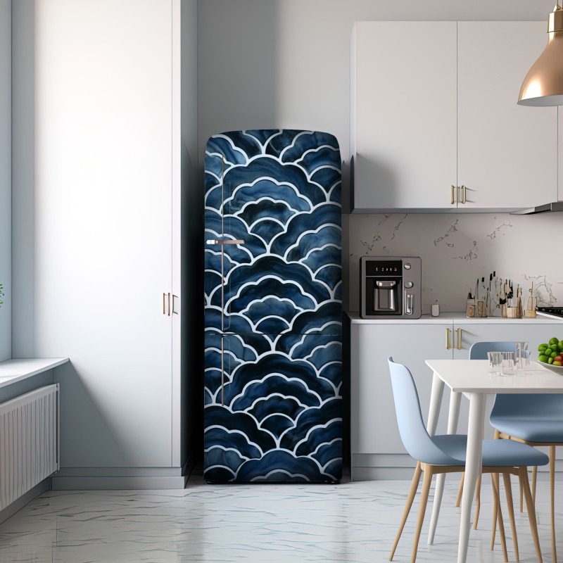 Naklejka na lodówkę japoński niebieski wzór seigaiha – Wallissimo® Naklejka na lodówkę japoński niebieski wzór seigaiha – Wallissimo®