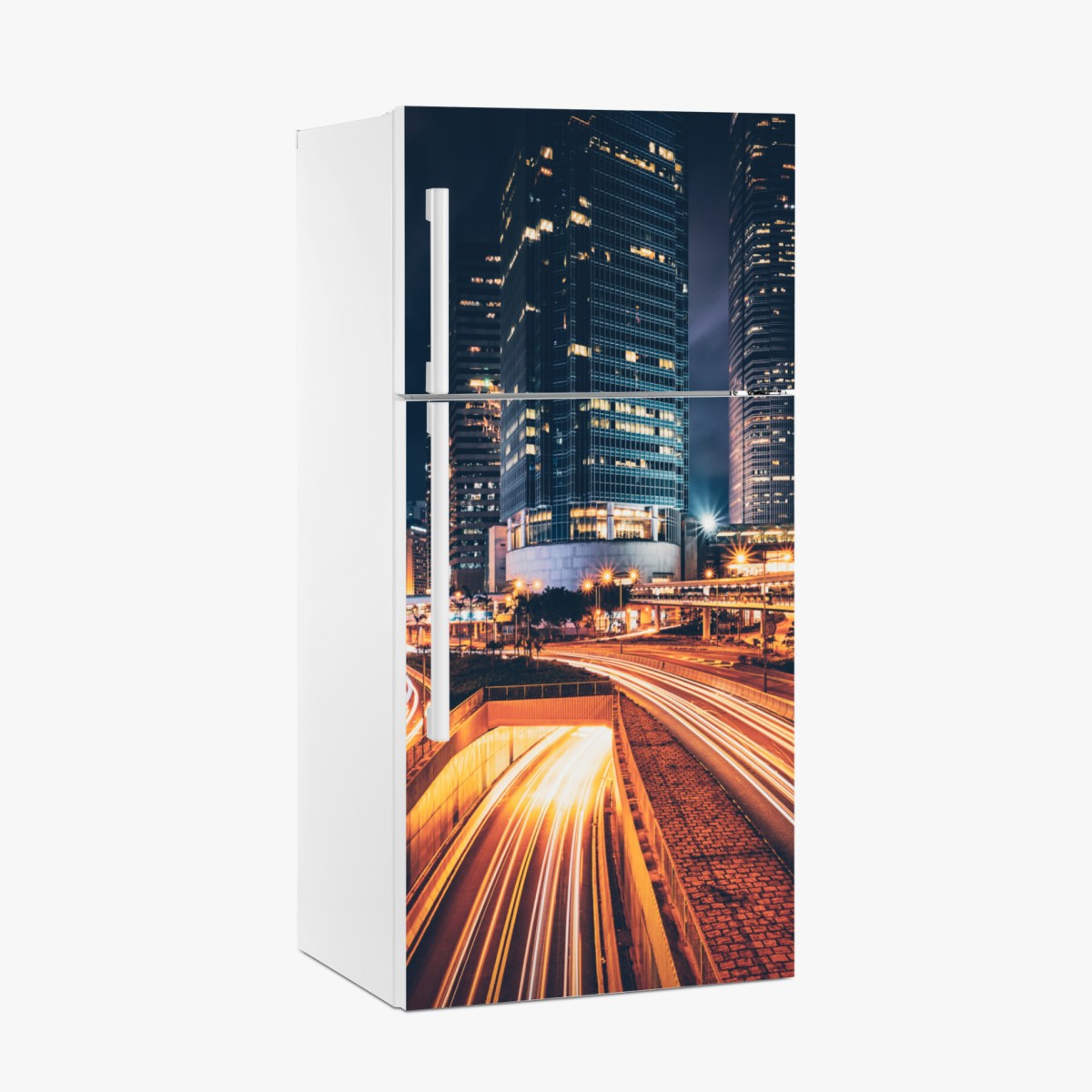 Fridge sticker night city light trails over urban highway