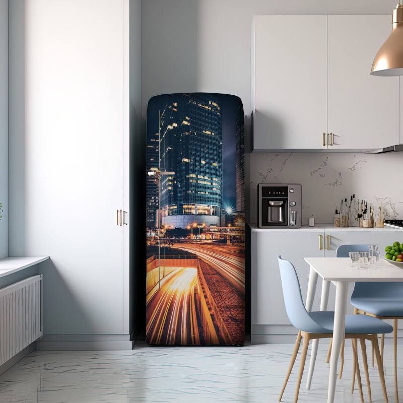Naklejka na lodówkę nocne smugi świetlne nad miejską autostradą – Wallissimo® Naklejka na lodówkę nocne smugi świetlne nad miejską autostradą – Wallissimo®