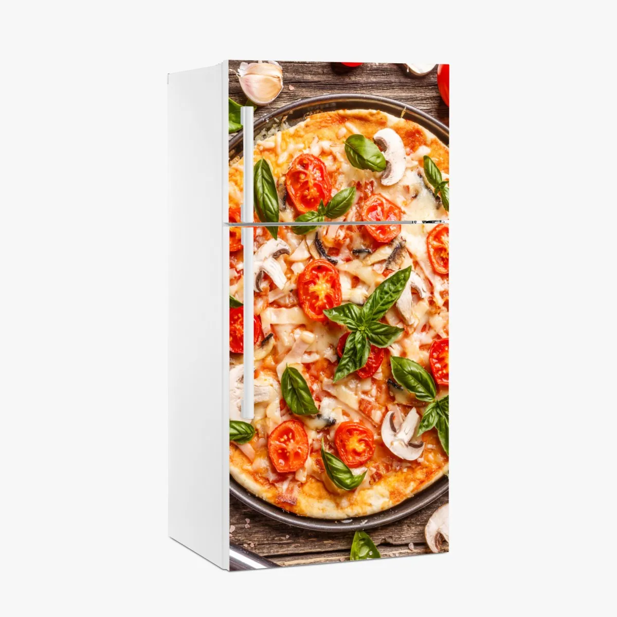 Naklejka na lodówkę świeża pizza z bazylią i pomidorkami koktajlowymi – Wallissimo® Naklejka na lodówkę świeża pizza z bazylią i pomidorkami koktajlowymi – Wallissimo®