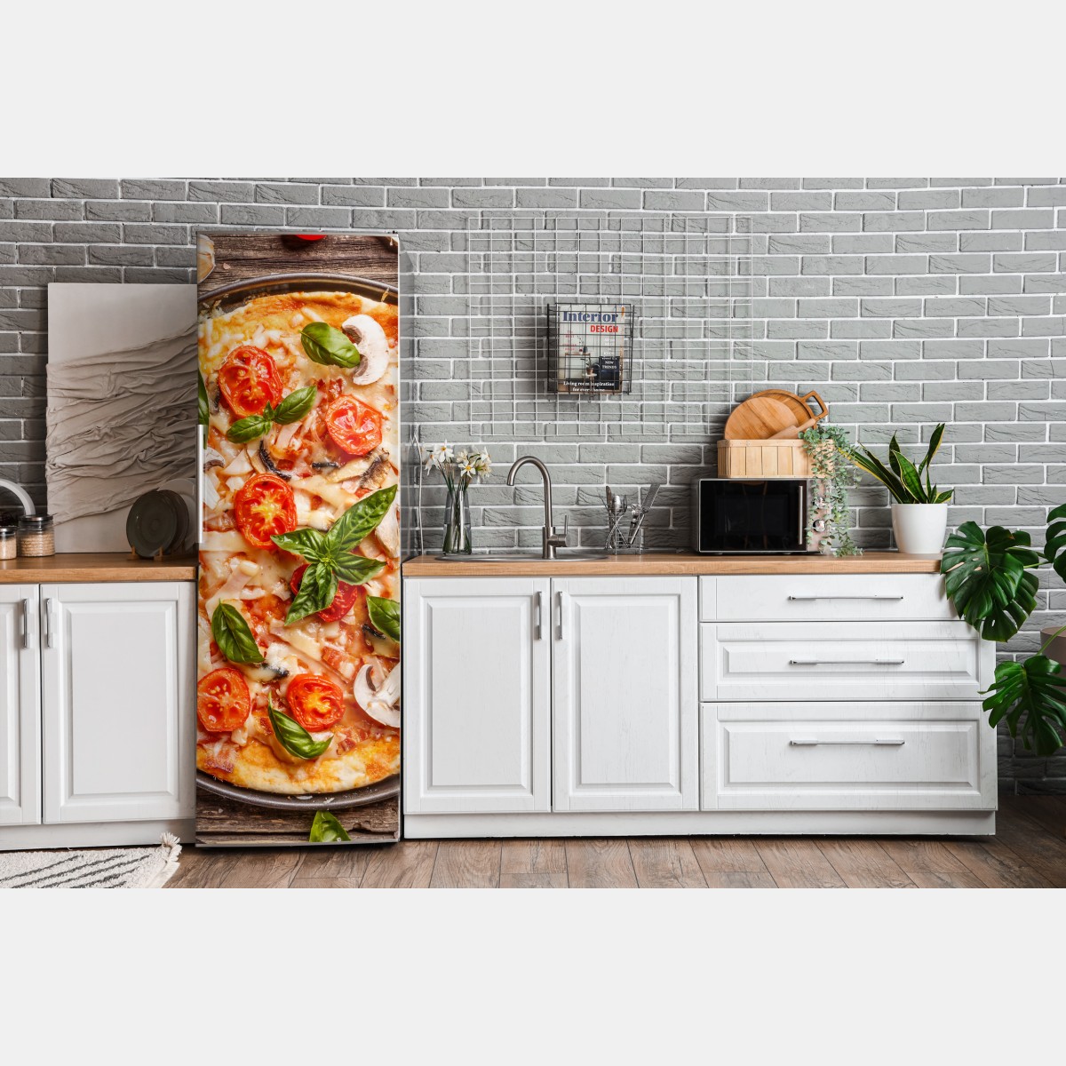 Naklejka na lodówkę świeża pizza z bazylią i pomidorkami koktajlowymi – Wallissimo® Naklejka na lodówkę świeża pizza z bazylią i pomidorkami koktajlowymi – Wallissimo®