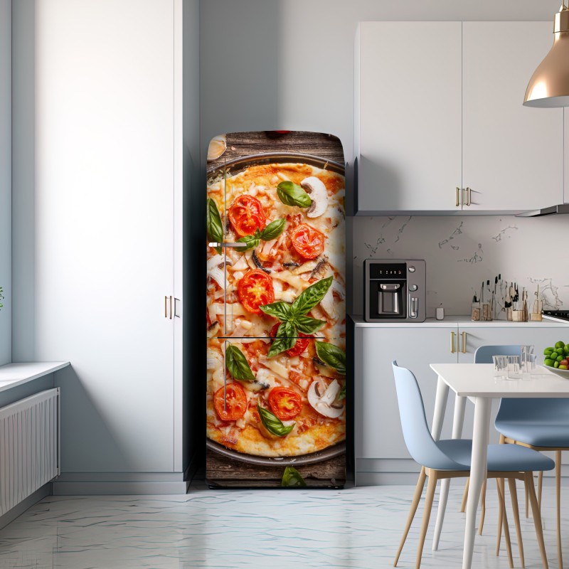 Naklejka na lodówkę świeża pizza z bazylią i pomidorkami koktajlowymi – Wallissimo® Naklejka na lodówkę świeża pizza z bazylią i pomidorkami koktajlowymi – Wallissimo®