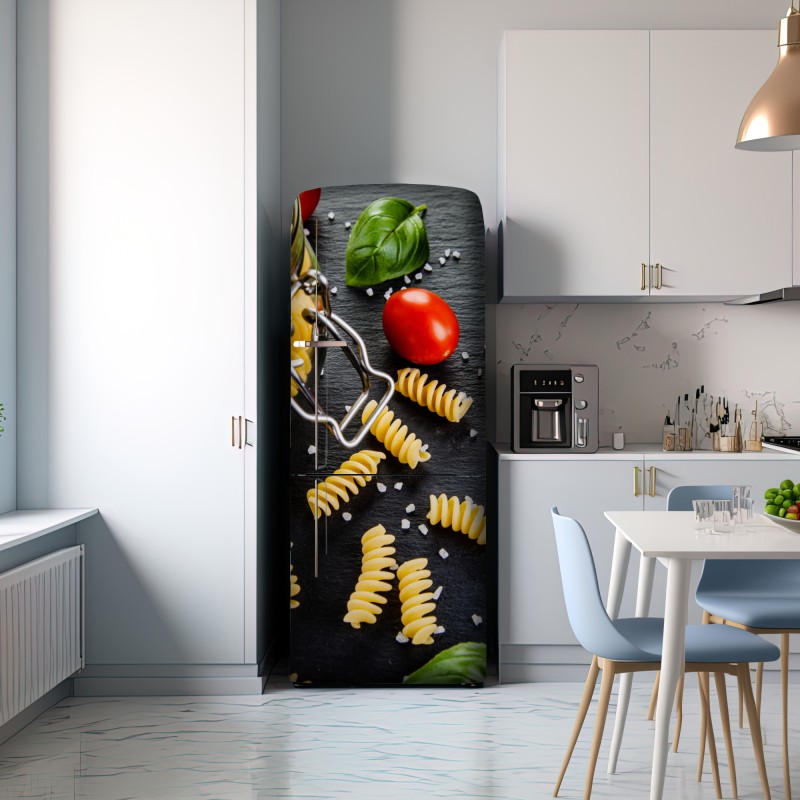 Naklejka na lodówkę składniki do makaronu widok z góry z pomidorami i bazylią – Wallissimo® Naklejka na lodówkę składniki do makaronu widok z góry z pomidorami i bazylią – Wallissimo®