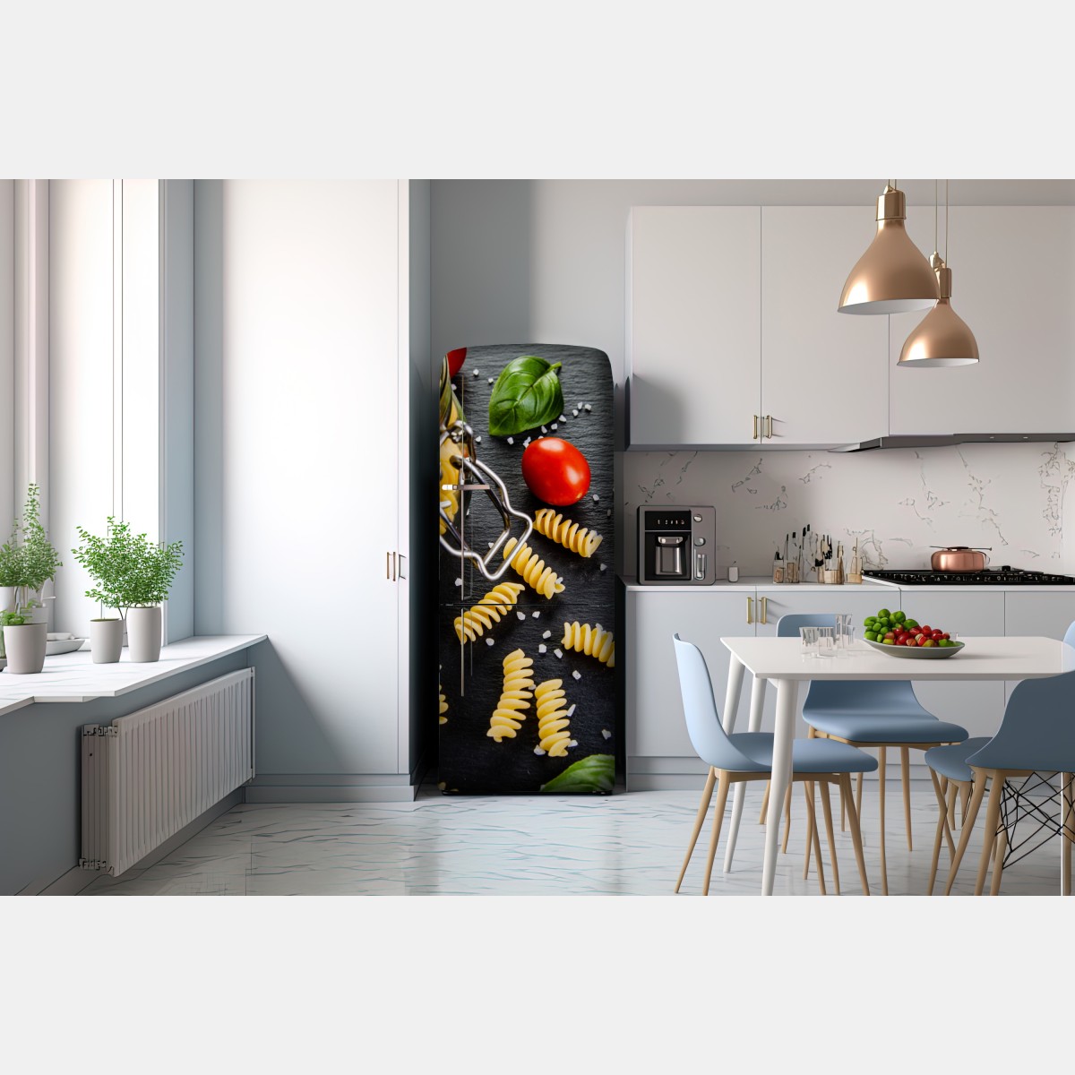 Naklejka na lodówkę składniki do makaronu widok z góry z pomidorami i bazylią – Wallissimo® Naklejka na lodówkę składniki do makaronu widok z góry z pomidorami i bazylią – Wallissimo®