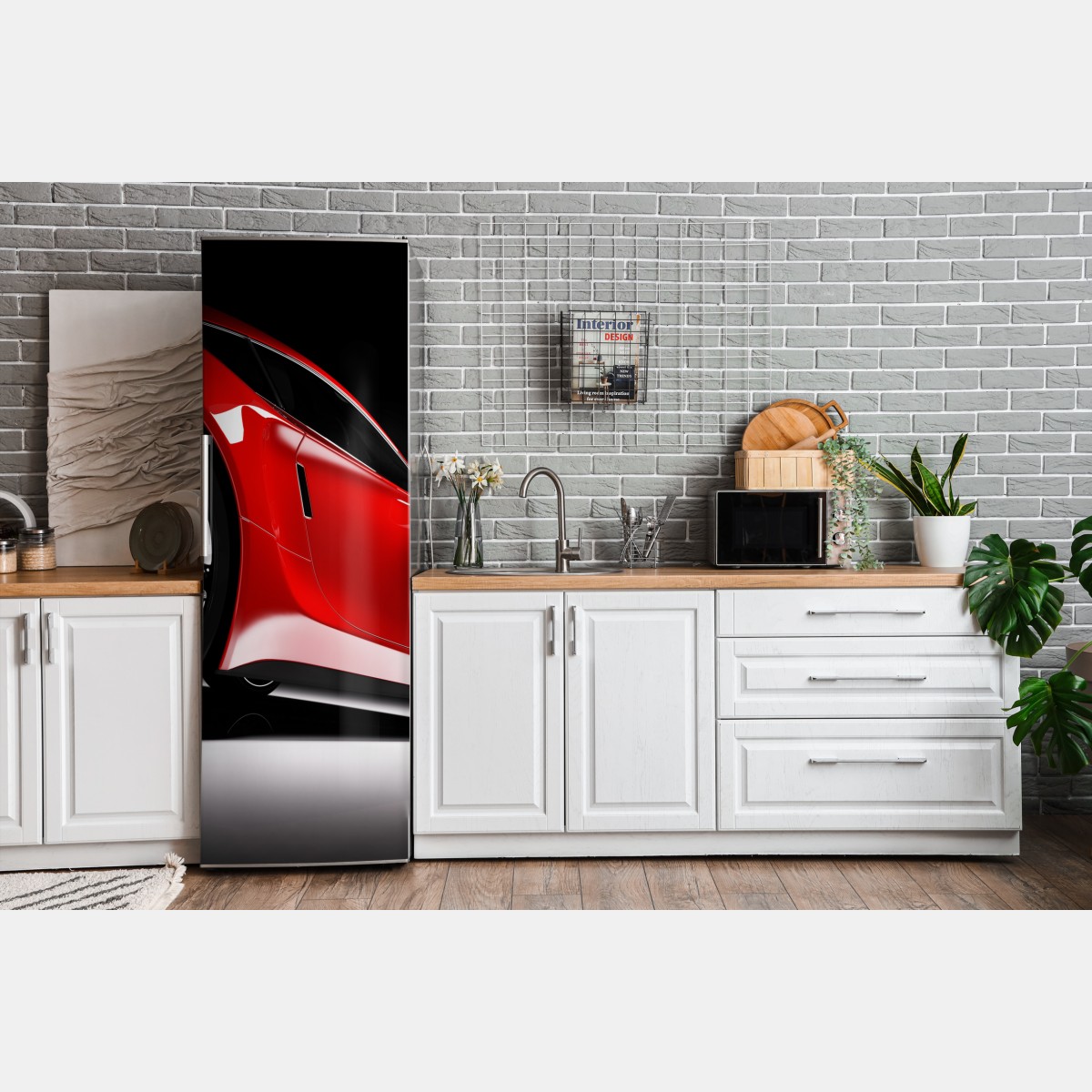 Naklejka na lodówkę zbliżenie czerwonego samochodu sportowego – Wallissimo® Naklejka na lodówkę zbliżenie czerwonego samochodu sportowego – Wallissimo®