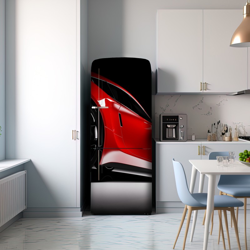 Naklejka na lodówkę zbliżenie czerwonego samochodu sportowego – Wallissimo® Naklejka na lodówkę zbliżenie czerwonego samochodu sportowego – Wallissimo®