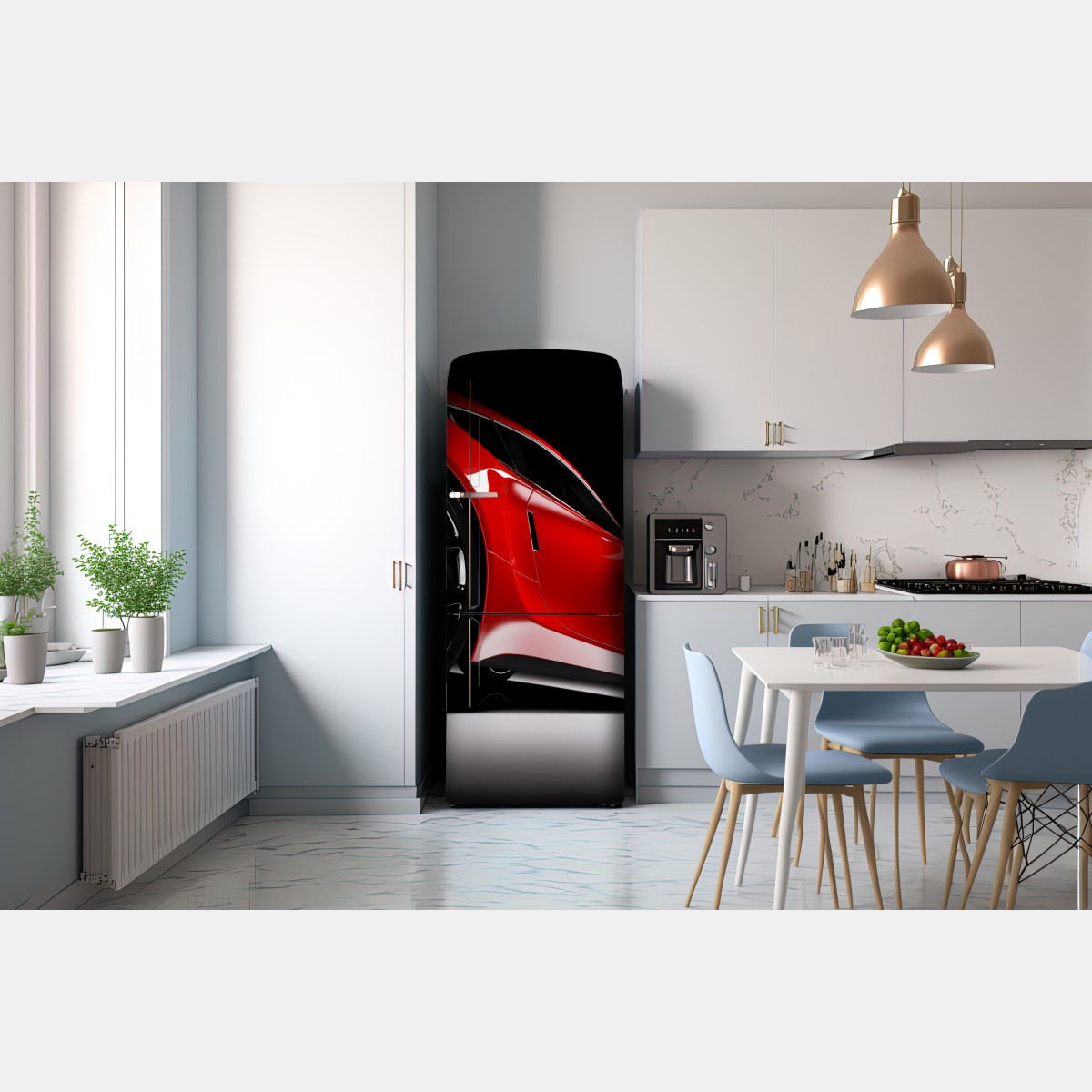 Naklejka na lodówkę zbliżenie czerwonego samochodu sportowego – Wallissimo® Naklejka na lodówkę zbliżenie czerwonego samochodu sportowego – Wallissimo®