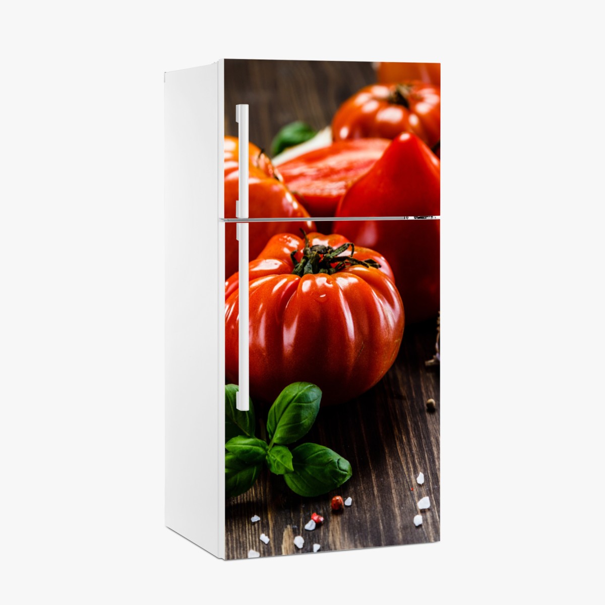 Fridge sticker ripe heirloom tomatoes on a rustic wooden table
