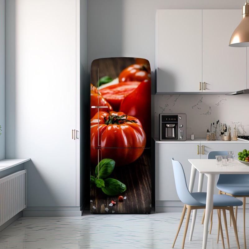Naklejka na lodówkę dojrzałe pomidory na rustykalnym stole – Wallissimo® Naklejka na lodówkę dojrzałe pomidory na rustykalnym stole – Wallissimo®