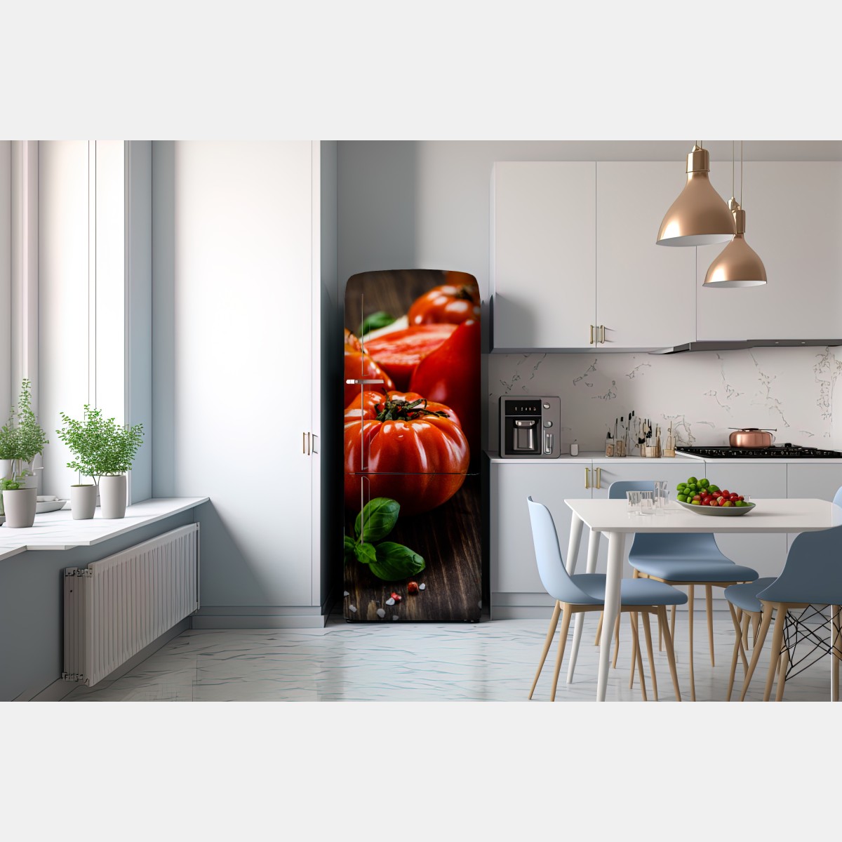 Naklejka na lodówkę dojrzałe pomidory na rustykalnym stole – Wallissimo® Naklejka na lodówkę dojrzałe pomidory na rustykalnym stole – Wallissimo®
