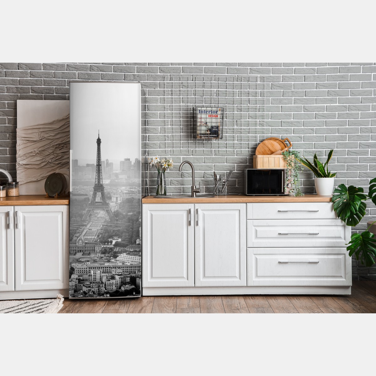 Naklejka na lodówkę elegancka Wieża Eiffla panorama lotnicza w odcieniach szarości – Wallissimo® Naklejka na lodówkę elegancka Wieża Eiffla panorama lotnicza w odcieniach szarości – Wallissimo®