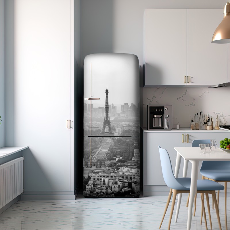 Naklejka na lodówkę elegancka Wieża Eiffla panorama lotnicza w odcieniach szarości – Wallissimo® Naklejka na lodówkę elegancka Wieża Eiffla panorama lotnicza w odcieniach szarości – Wallissimo®