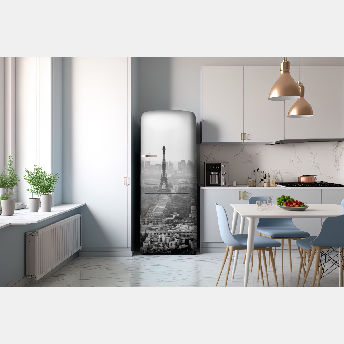 Naklejka na lodówkę elegancka Wieża Eiffla panorama lotnicza w odcieniach szarości – Wallissimo® Naklejka na lodówkę elegancka Wieża Eiffla panorama lotnicza w odcieniach szarości – Wallissimo®