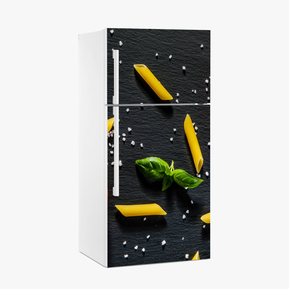 Fridge sticker tomato and pasta flat lay on black slate