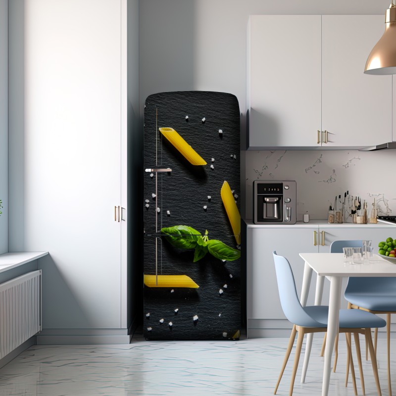 Naklejka na lodówkę pomidory i penne na czarnym łupku – Wallissimo® Naklejka na lodówkę pomidory i penne na czarnym łupku – Wallissimo®