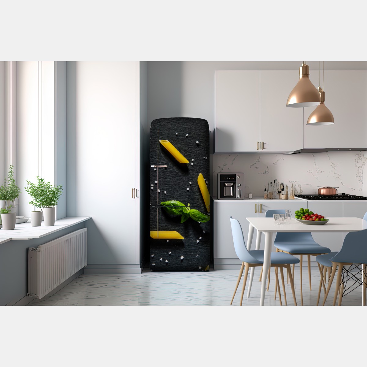 Naklejka na lodówkę pomidory i penne na czarnym łupku – Wallissimo® Naklejka na lodówkę pomidory i penne na czarnym łupku – Wallissimo®