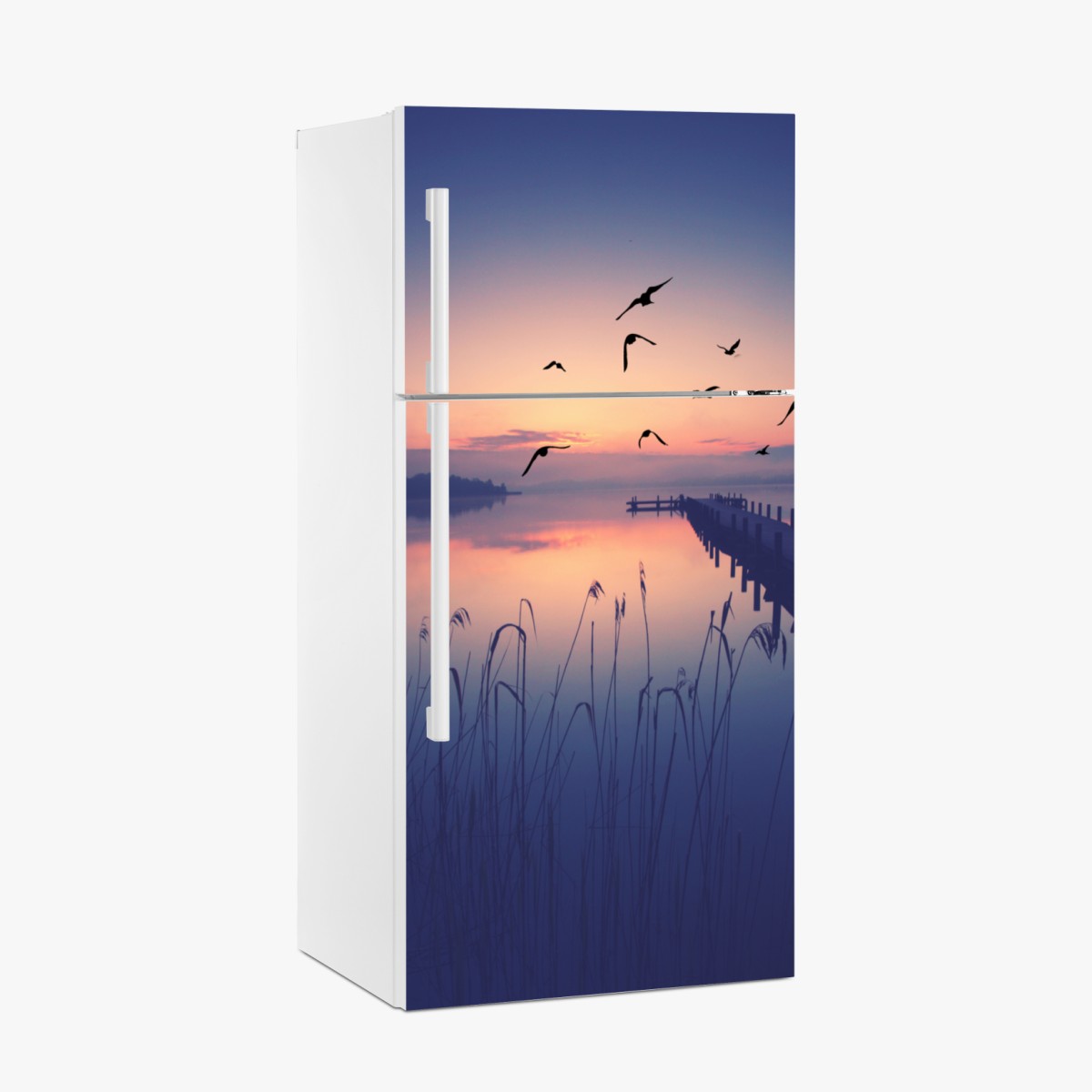 Fridge sticker serene lakeside sunrise with birds