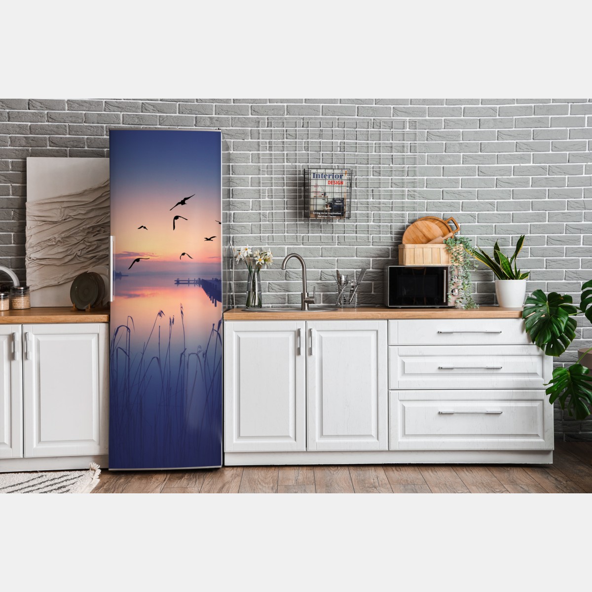 Naklejka na lodówkę spokojny wschód nad jeziorem z ptakami – Wallissimo® Naklejka na lodówkę spokojny wschód nad jeziorem z ptakami – Wallissimo®