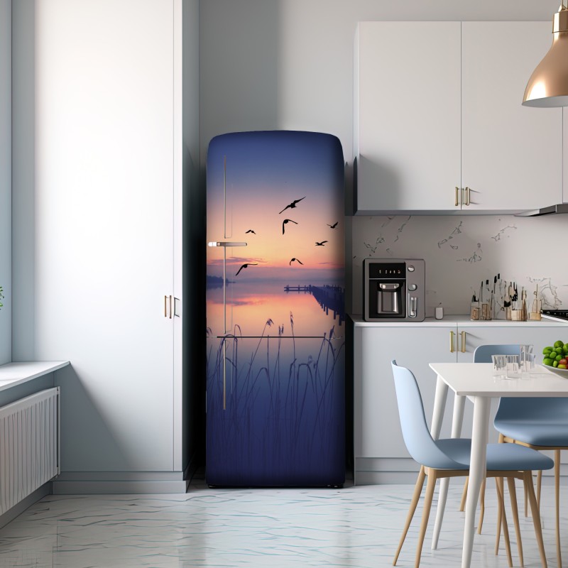 Naklejka na lodówkę spokojny wschód nad jeziorem z ptakami – Wallissimo® Naklejka na lodówkę spokojny wschód nad jeziorem z ptakami – Wallissimo®