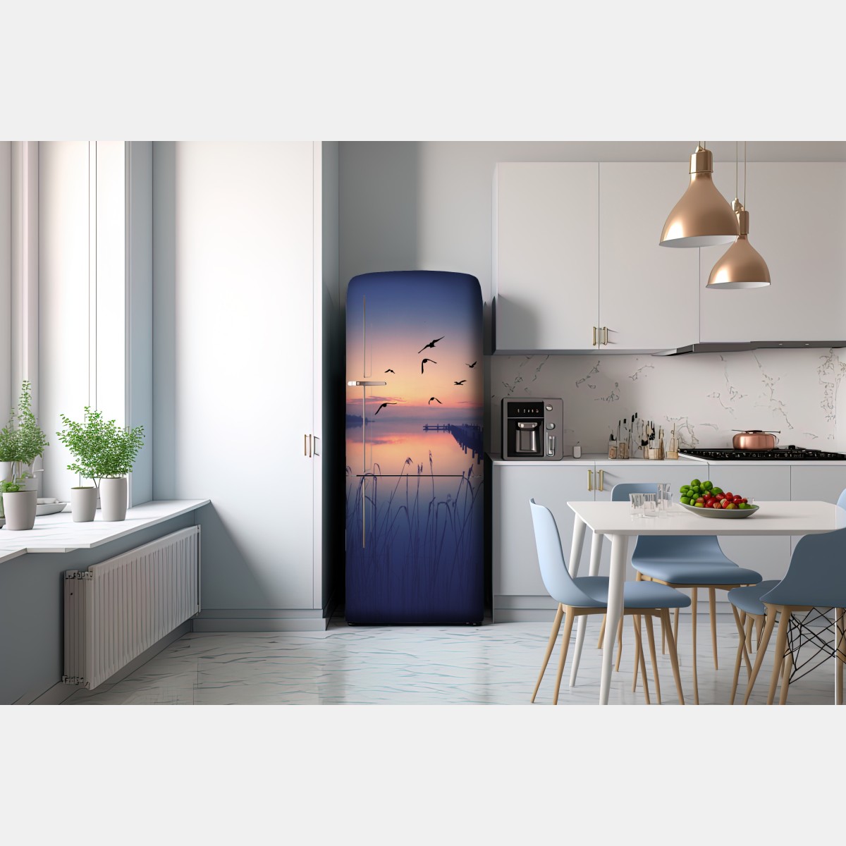 Naklejka na lodówkę spokojny wschód nad jeziorem z ptakami – Wallissimo® Naklejka na lodówkę spokojny wschód nad jeziorem z ptakami – Wallissimo®