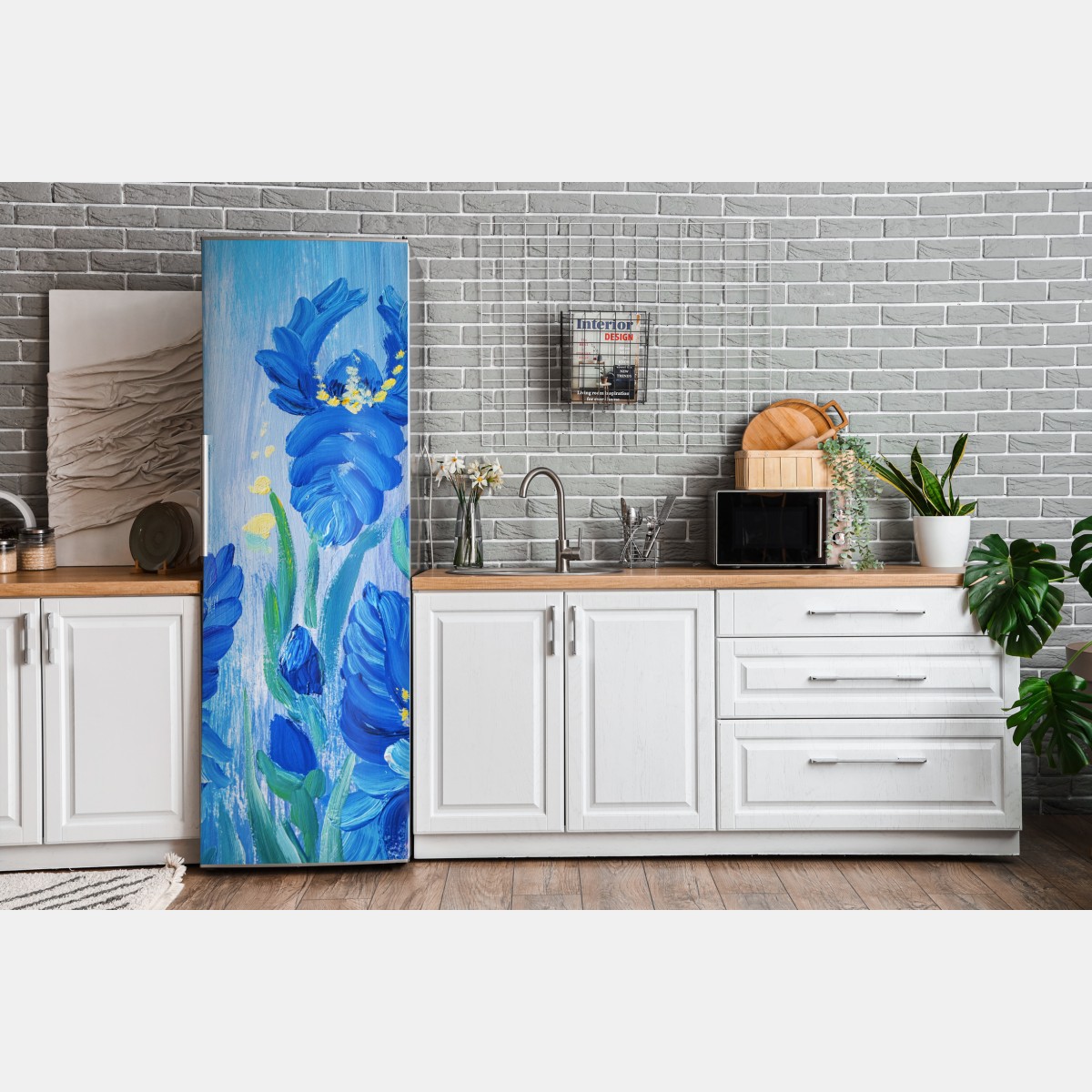 Naklejka na lodówkę żywy niebieski bukiet irysów – Wallissimo® Naklejka na lodówkę żywy niebieski bukiet irysów – Wallissimo®