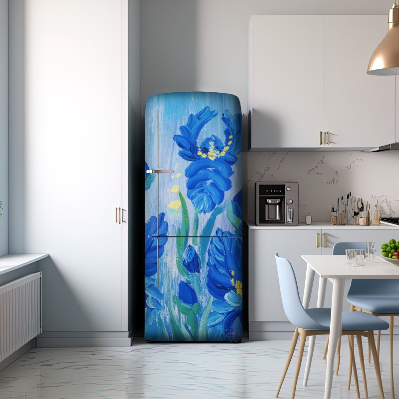 Naklejka na lodówkę żywy niebieski bukiet irysów – Wallissimo® Naklejka na lodówkę żywy niebieski bukiet irysów – Wallissimo®