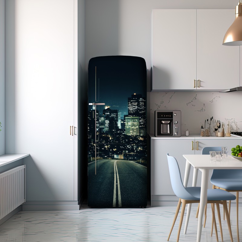 Naklejka na lodówkę droga prowadząca do oświetlonej panoramy miasta nocą – Wallissimo® Naklejka na lodówkę droga prowadząca do oświetlonej panoramy miasta nocą – Wallissimo®
