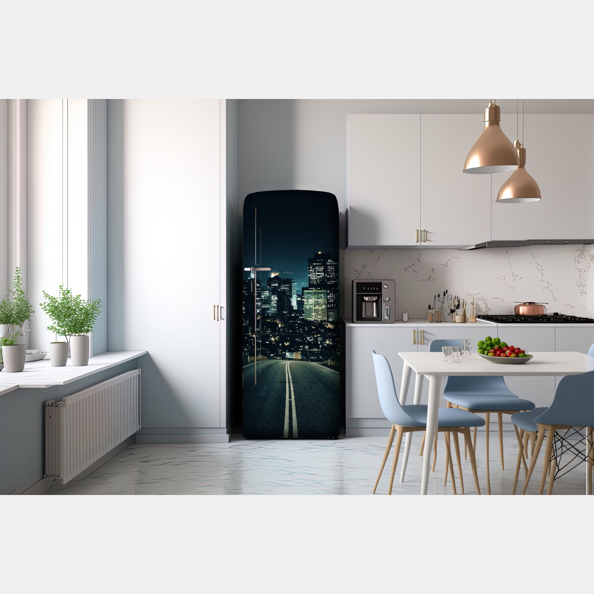 Naklejka na lodówkę droga prowadząca do oświetlonej panoramy miasta nocą – Wallissimo® Naklejka na lodówkę droga prowadząca do oświetlonej panoramy miasta nocą – Wallissimo®