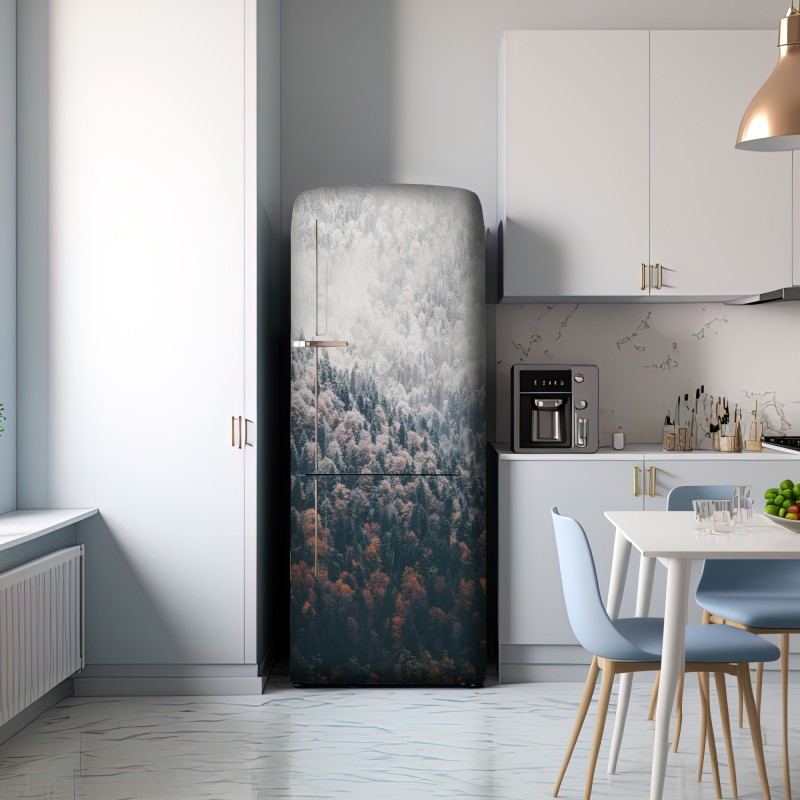Naklejka na lodówkę mglisty jesienny las na śnieżnej górze – Wallissimo® Naklejka na lodówkę mglisty jesienny las na śnieżnej górze – Wallissimo®