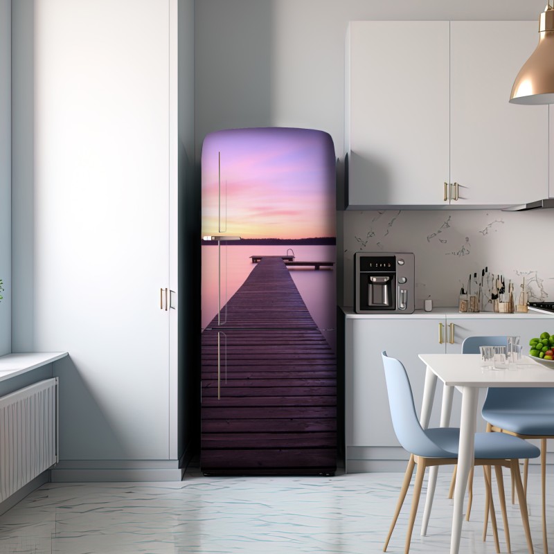 Naklejka na lodówkę spokojny pastelowy zachód nad jeziorem z pomostem – Wallissimo® Naklejka na lodówkę spokojny pastelowy zachód nad jeziorem z pomostem – Wallissimo®