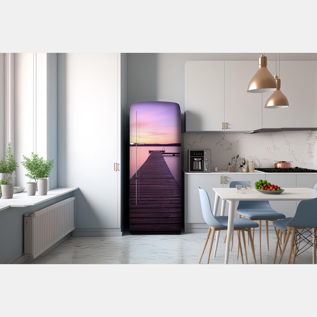 Naklejka na lodówkę spokojny pastelowy zachód nad jeziorem z pomostem – Wallissimo® Naklejka na lodówkę spokojny pastelowy zachód nad jeziorem z pomostem – Wallissimo®