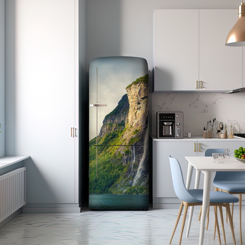 Naklejka na lodówkę wodospady spływające po klifach fiordu – Wallissimo® Naklejka na lodówkę wodospady spływające po klifach fiordu – Wallissimo®