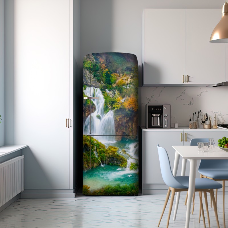 Naklejka na lodówkę turkusowy wodospad jesienią – Wallissimo® Naklejka na lodówkę turkusowy wodospad jesienią – Wallissimo®