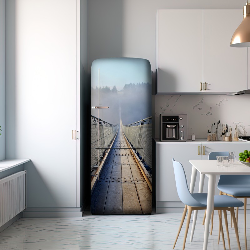 Naklejka na lodówkę mglisty wiszący most prowadzący w las – Wallissimo® Naklejka na lodówkę mglisty wiszący most prowadzący w las – Wallissimo®