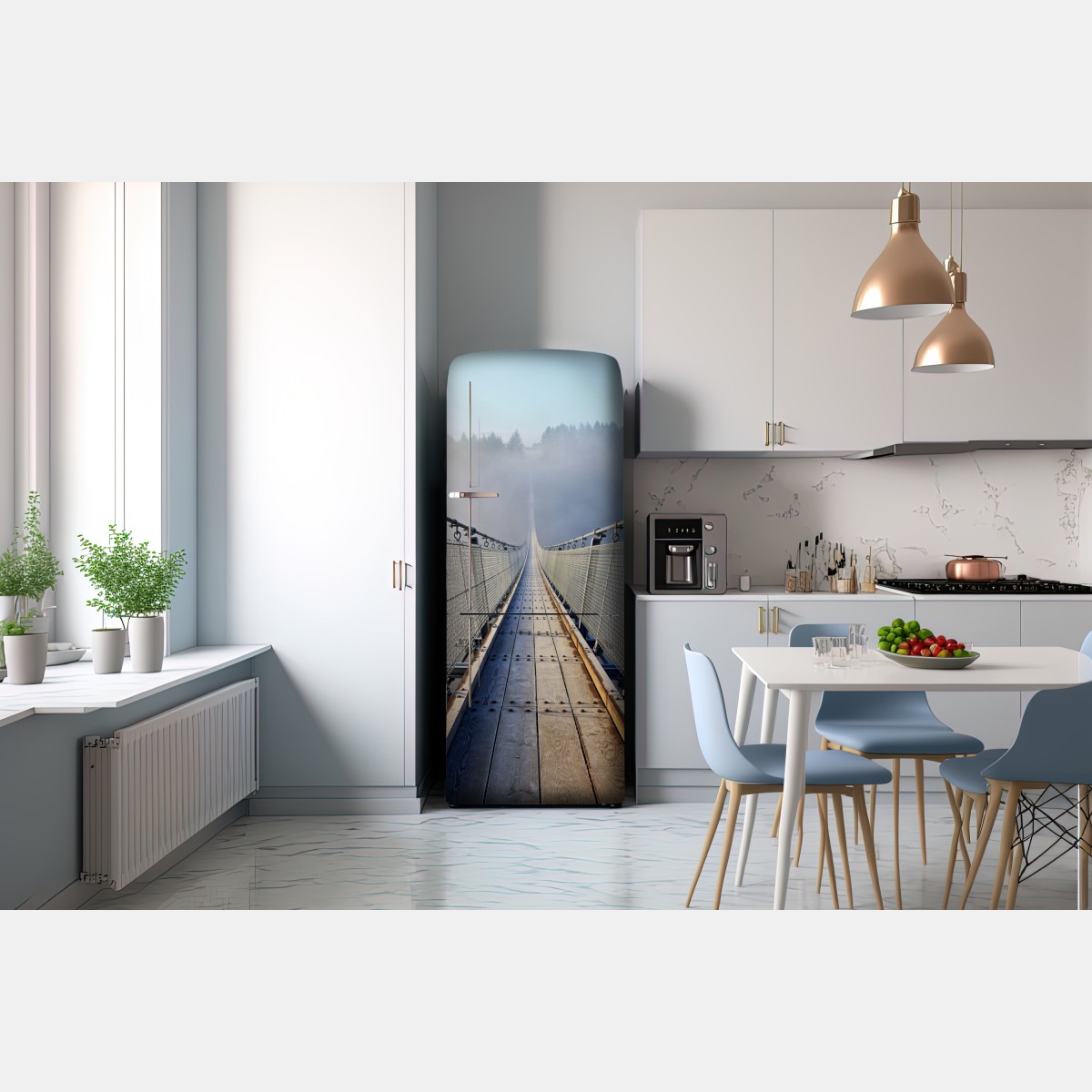 Naklejka na lodówkę mglisty wiszący most prowadzący w las – Wallissimo® Naklejka na lodówkę mglisty wiszący most prowadzący w las – Wallissimo®