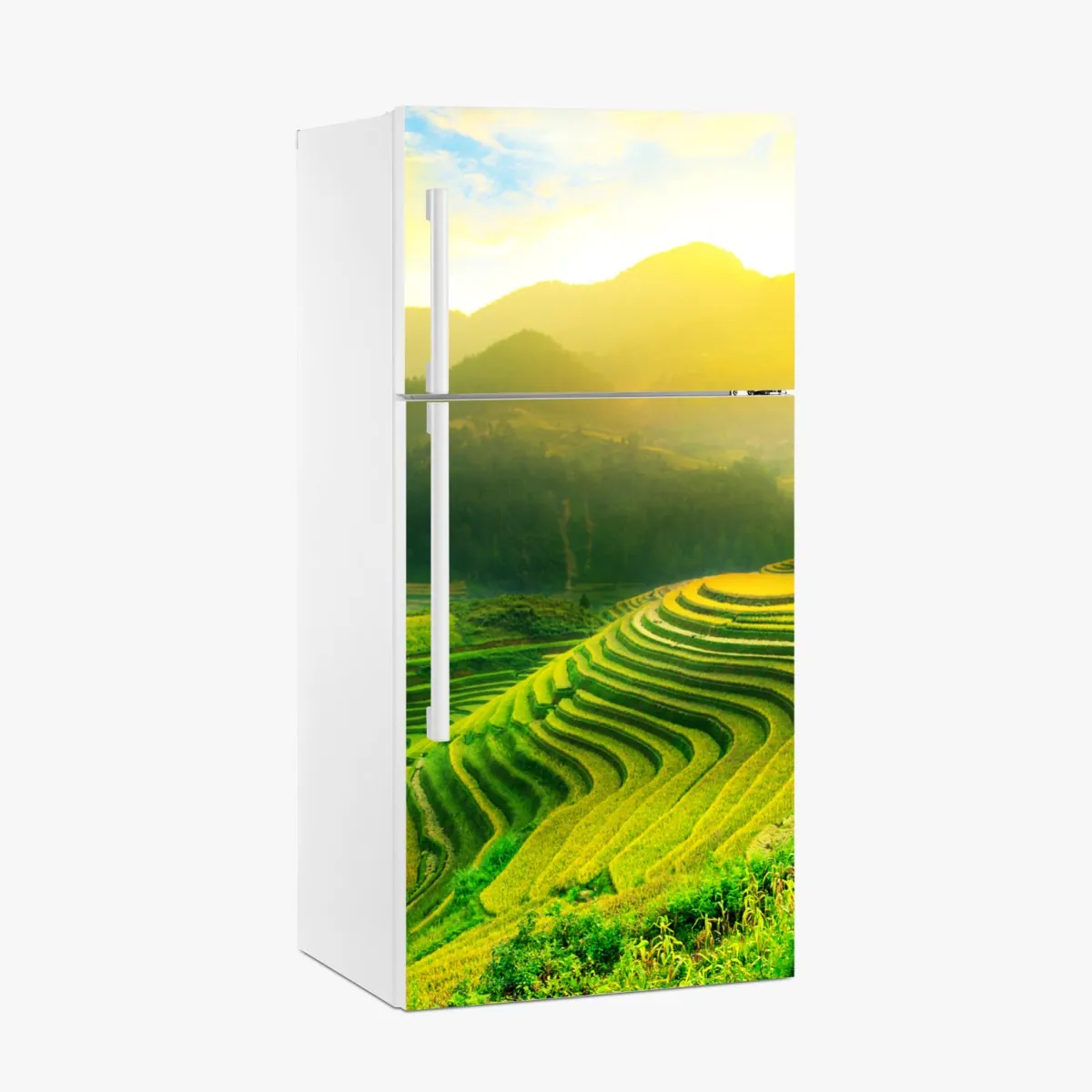 Naklejka na lodówkę złote tarasy ryżowe o wschodzie słońca – Wallissimo® Naklejka na lodówkę złote tarasy ryżowe o wschodzie słońca – Wallissimo®