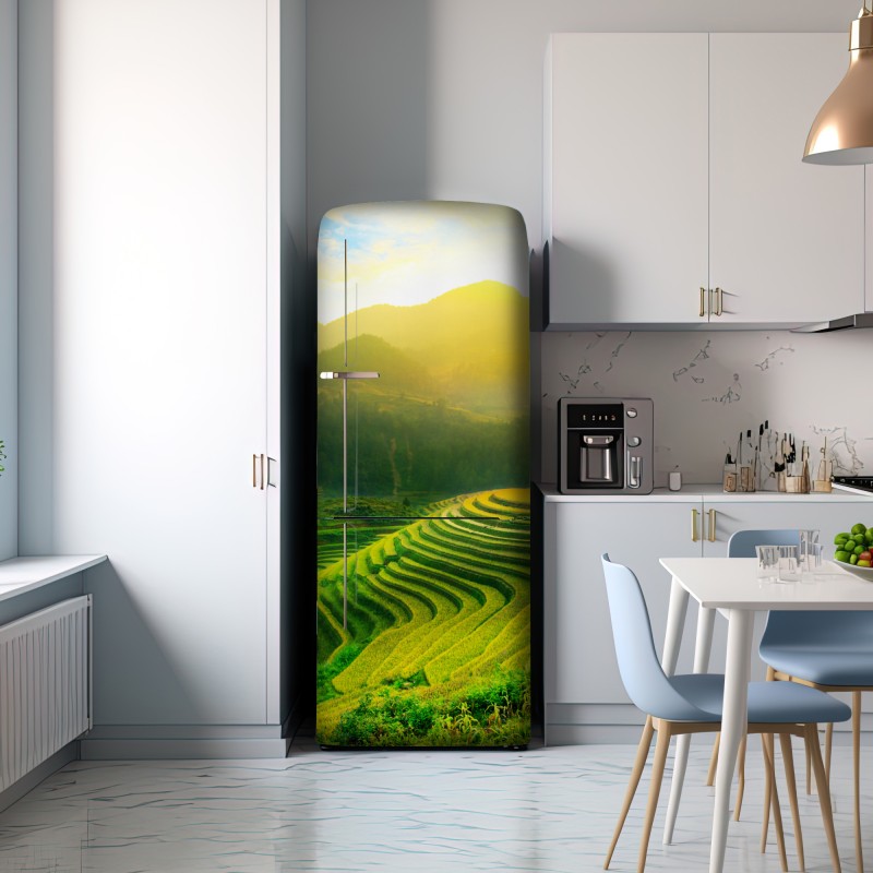 Naklejka na lodówkę złote tarasy ryżowe o wschodzie słońca – Wallissimo® Naklejka na lodówkę złote tarasy ryżowe o wschodzie słońca – Wallissimo®