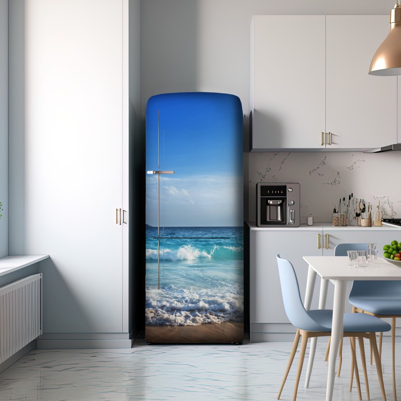 Naklejka na lodówkę tropikalna plaża na Seszelach o zachodzie słońca – Wallissimo® Naklejka na lodówkę tropikalna plaża na Seszelach o zachodzie słońca – Wallissimo®