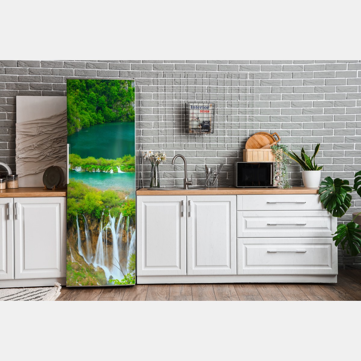 Naklejka na lodówkę bujny wodospad i turkusowe jeziora – Wallissimo® Naklejka na lodówkę bujny wodospad i turkusowe jeziora – Wallissimo®