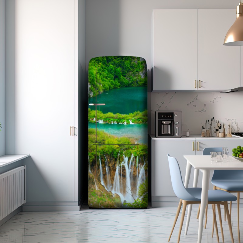 Naklejka na lodówkę bujny wodospad i turkusowe jeziora – Wallissimo® Naklejka na lodówkę bujny wodospad i turkusowe jeziora – Wallissimo®