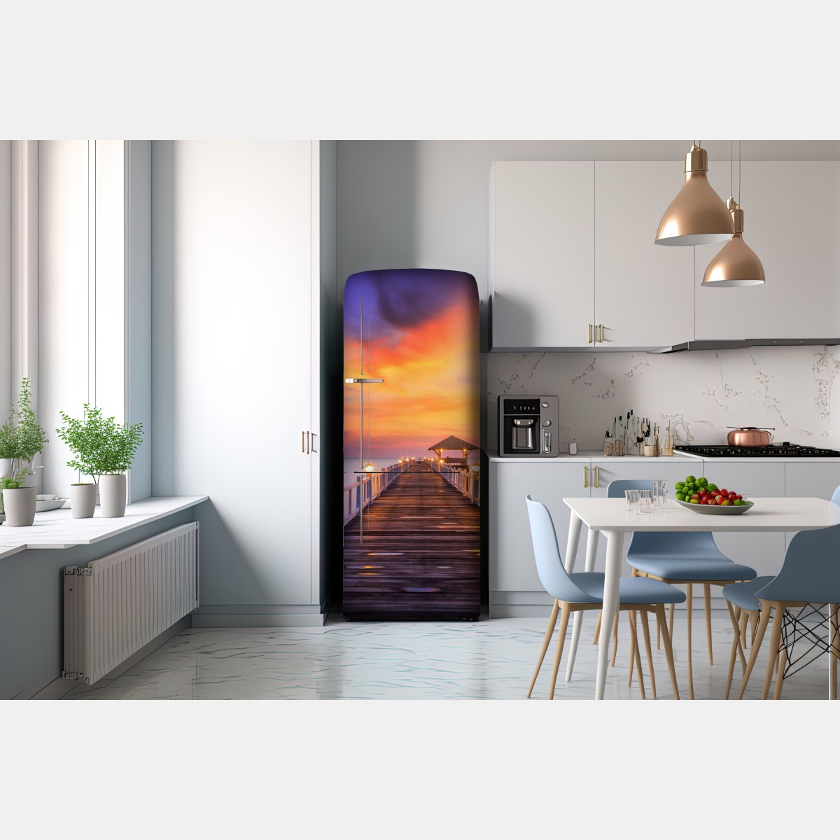 Naklejka na lodówkę drewniany pomost o wschodzie słońca – Wallissimo® Naklejka na lodówkę drewniany pomost o wschodzie słońca – Wallissimo®